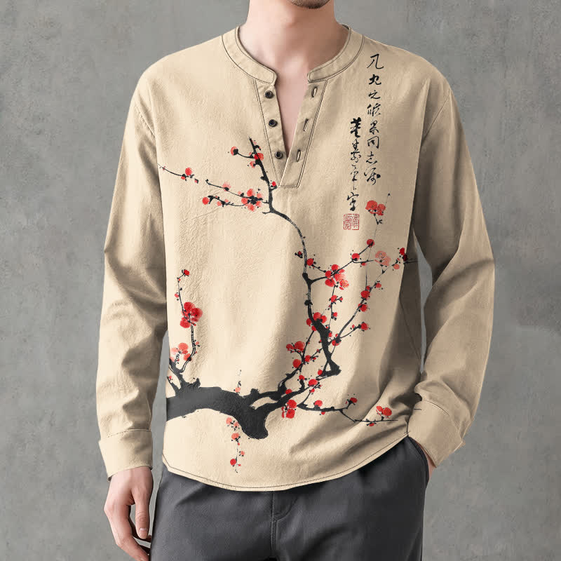 Buddha Stones Camisas de manga larga para hombre con cuello en V y botones, estampado de flores de ciruelo rojas, color algodón. - Broncearse - US/UK/AU48, UE58 (4XL) - image 7