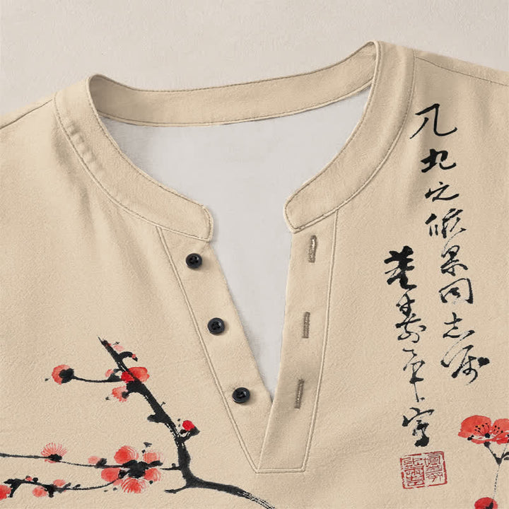 Buddha Stones Camisas de manga larga para hombre con cuello en V y botones, estampado de flores de ciruelo rojas, color algodón. - image 11