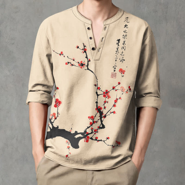 Buddha Stones Camisas de manga larga para hombre con cuello en V y botones, estampado de flores de ciruelo rojas, color algodón. - image 8