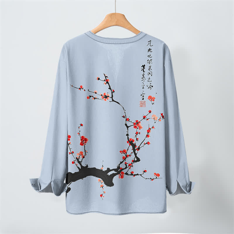 Buddha Stones Camisas de manga larga para hombre con cuello en V y botones, estampado de flores de ciruelo rojas, color algodón. - image 17