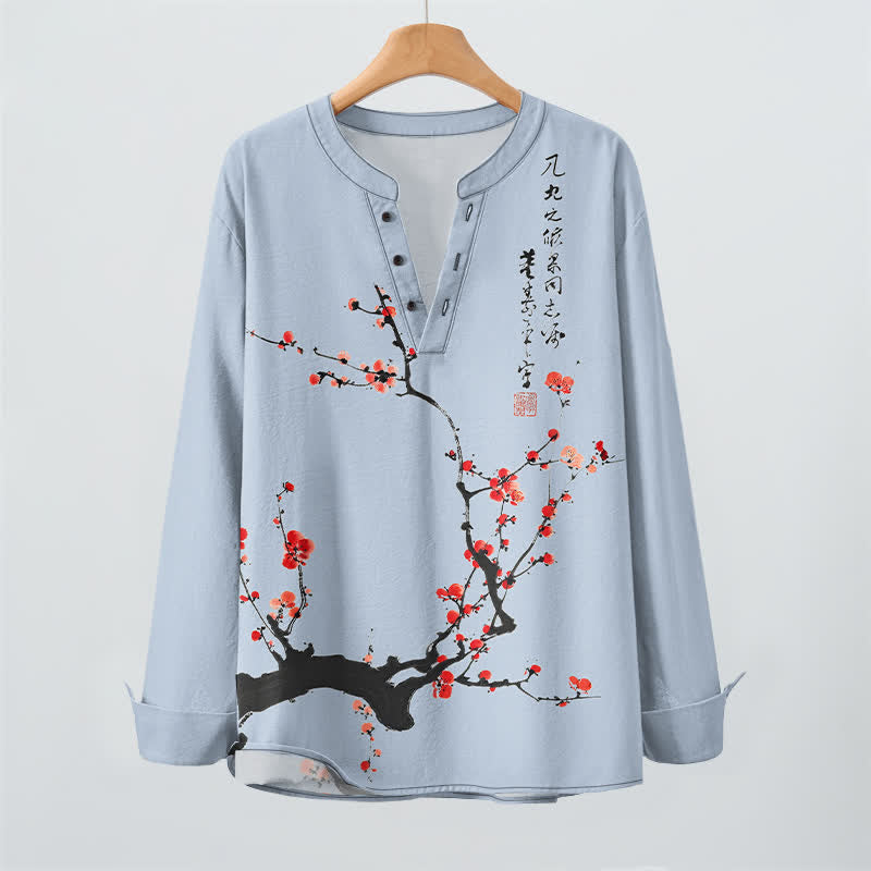 Buddha Stones Camisas de manga larga para hombre con cuello en V y botones, estampado de flores de ciruelo rojas, color algodón. - image 16