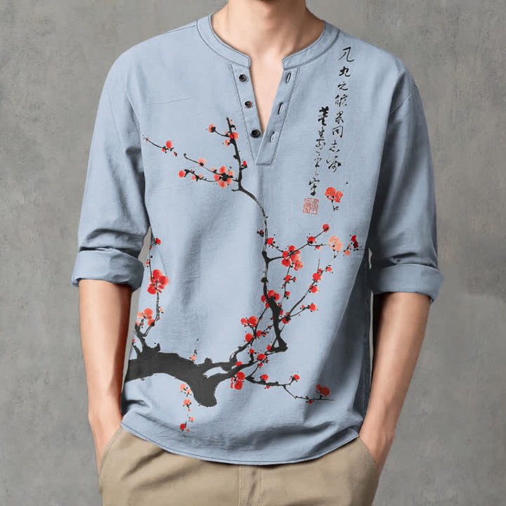 Buddha Stones Camisas de manga larga para hombre con cuello en V y botones, estampado de flores de ciruelo rojas, color algodón. - image 15