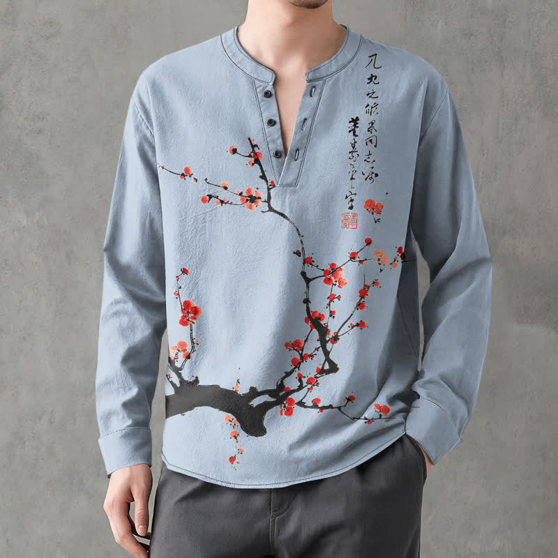Buddha Stones Camisas de manga larga para hombre con cuello en V y botones, estampado de flores de ciruelo rojas, color algodón. - Azul acero claro - US/UK/AU48, UE58 (4XL) - image 14