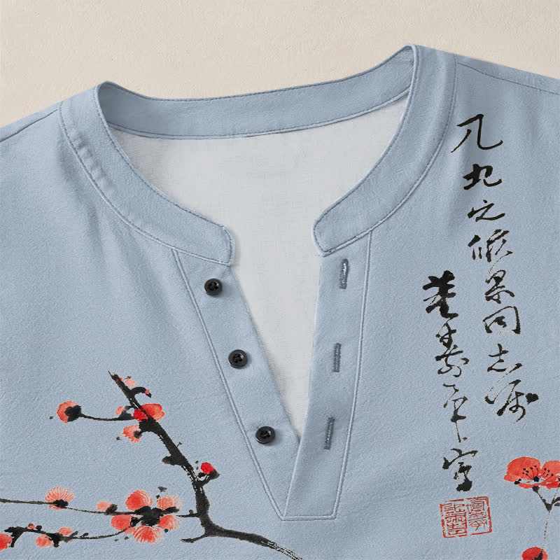 Buddha Stones Camisas de manga larga para hombre con cuello en V y botones, estampado de flores de ciruelo rojas, color algodón. - image 18