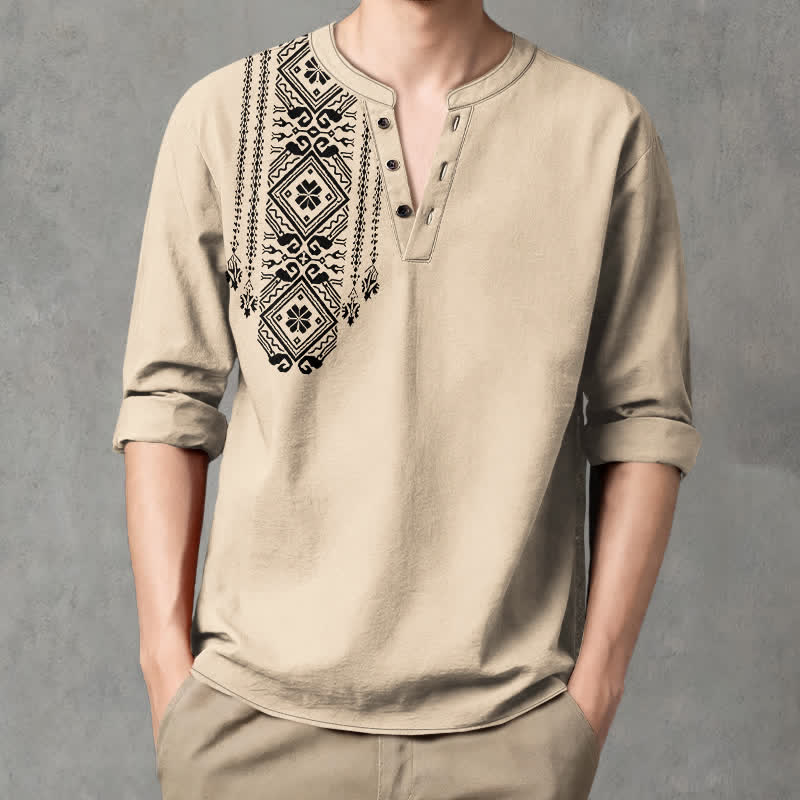 Buddha Stones Camisas de manga larga para hombre de algodón con cuello en V, estampado geométrico cuadrado estilo bohemio y botones. - Beige - US/UK/AU48, UE58 (4XL) - image 0