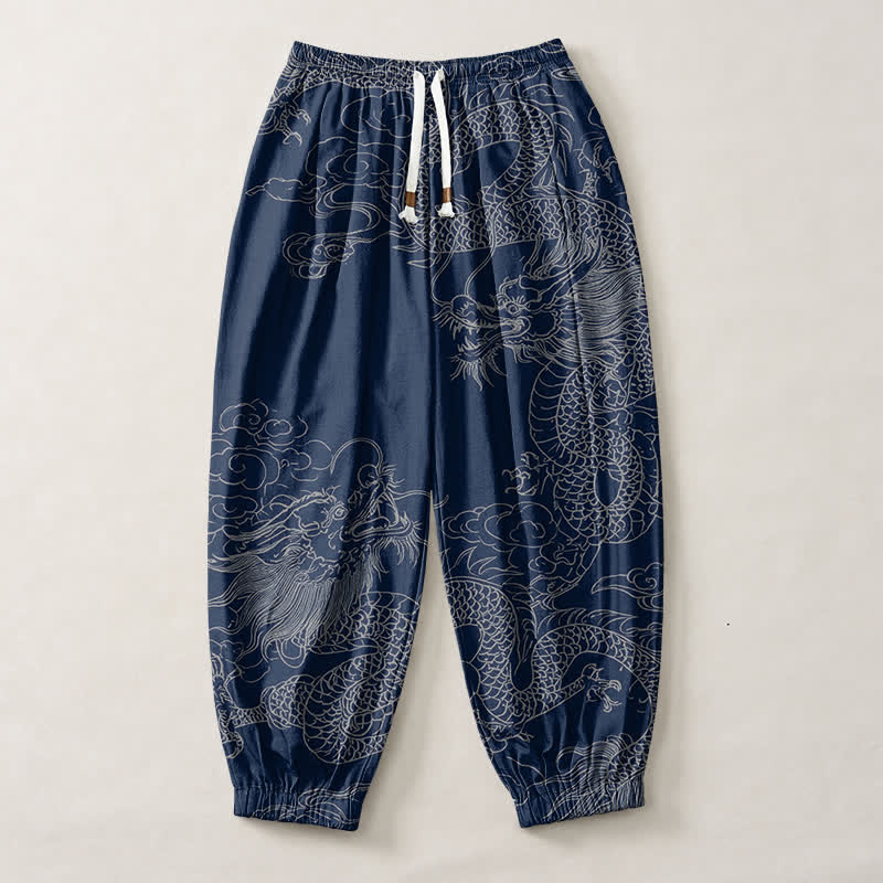 Buddha Stones Pantalones harem para hombre de algodón puro con estampado de dragones y nubes auspiciosas, con cordón ajustable y bolsillos. - image 1