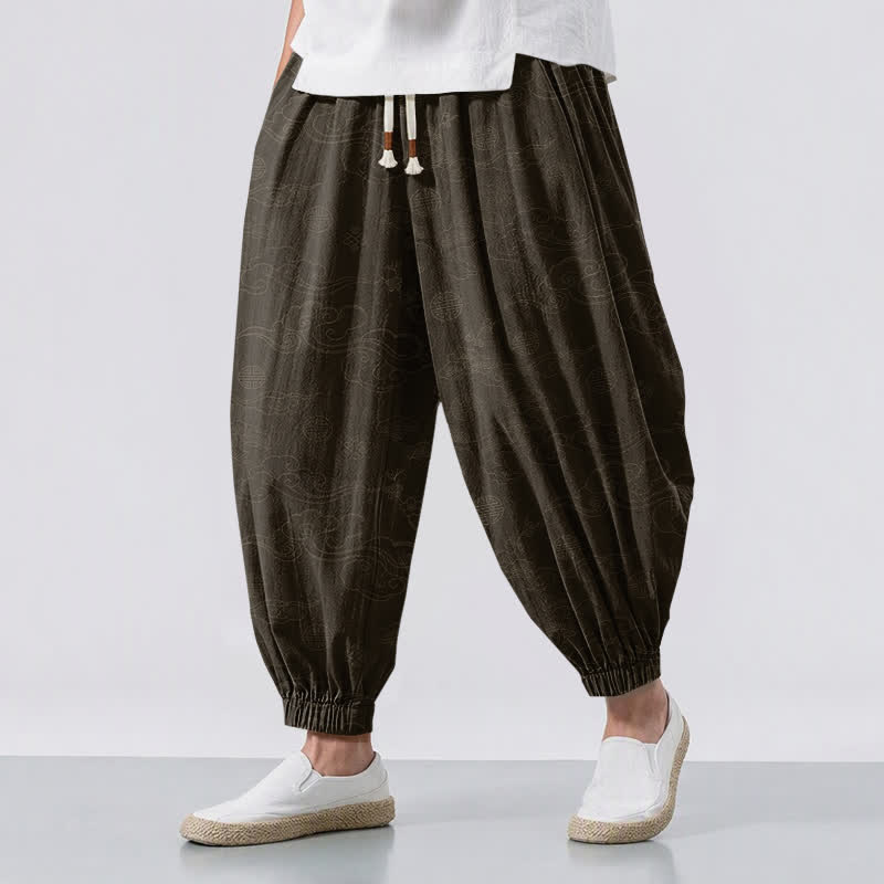 Buddha Stones Pantalones harem para hombre de algodón puro con estampado tradicional de medallón de nube, cordón ajustable y bolsillos. - Marrón silla de montar - US/UK/AU50, EU60 (5XL) - image 0