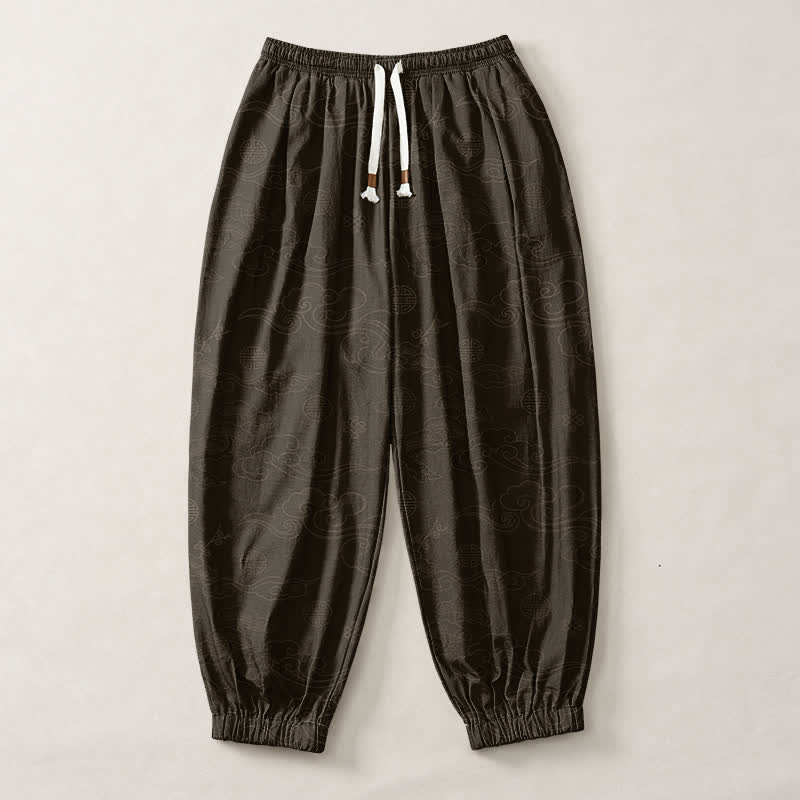 Buddha Stones Pantalones harem para hombre de algodón puro con estampado tradicional de medallón de nube, cordón ajustable y bolsillos. - image 1