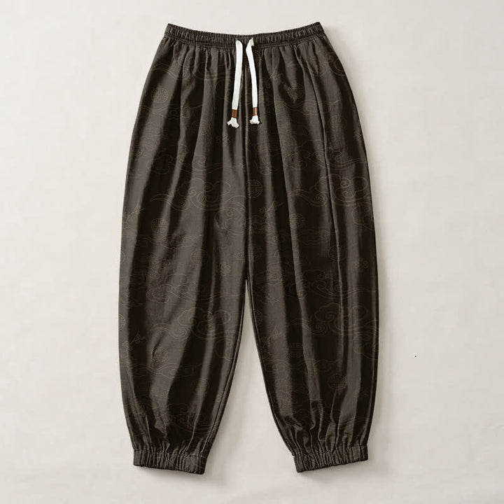 Buddha Stones Pantalones harem para hombre de algodón puro con estampado tradicional de medallón de nube, cordón ajustable y bolsillos. - image 1