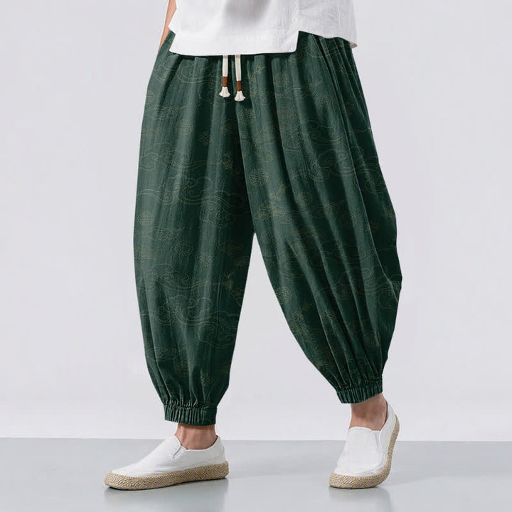 Buddha Stones Pantalones harem para hombre de algodón puro con estampado tradicional de medallón de nube, cordón ajustable y bolsillos. - Verde oscuro - US/UK/AU50, EU60 (5XL) - image 6