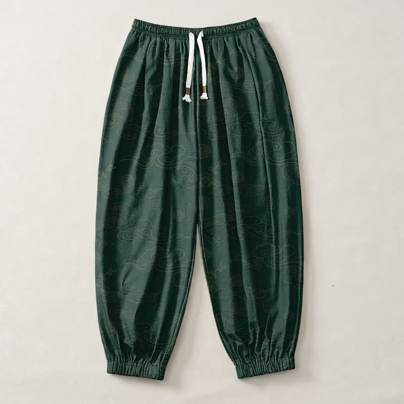 Buddha Stones Pantalones harem para hombre de algodón puro con estampado tradicional de medallón de nube, cordón ajustable y bolsillos. - image 7
