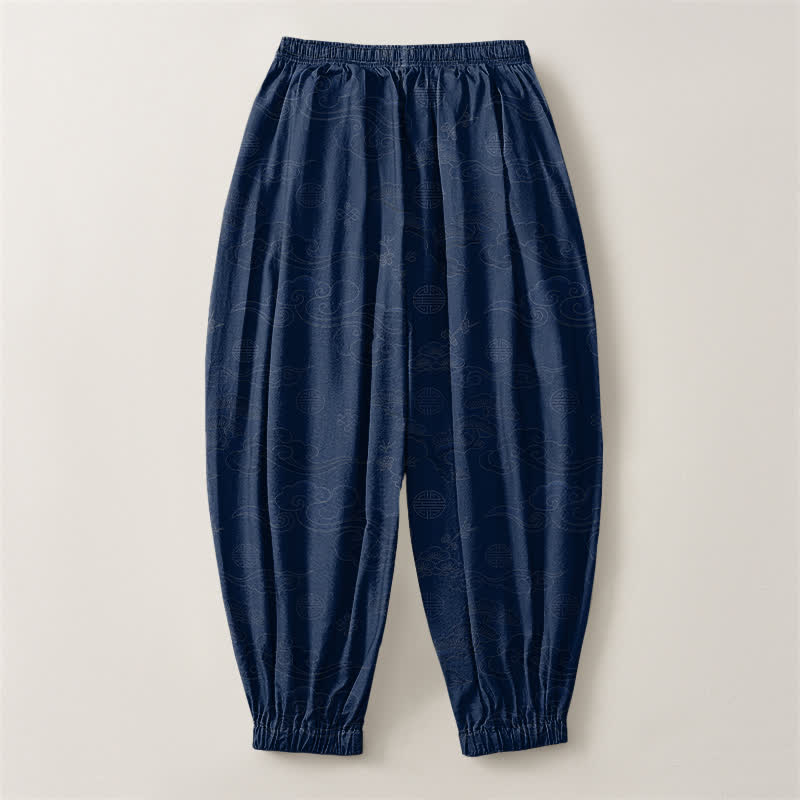 Buddha Stones Pantalones harem para hombre de algodón puro con estampado tradicional de medallón de nube, cordón ajustable y bolsillos. - image 14