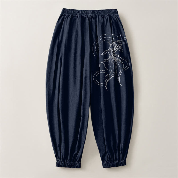 Buddha Stones Pantalones harem para hombre de algodón puro con estampado de peces koi, cordón ajustable y bolsillos. - image 2