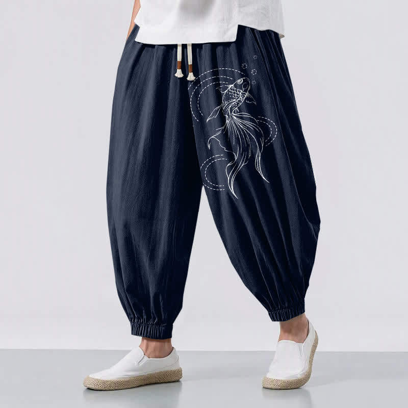 Buddha Stones Pantalones harem para hombre de algodón puro con estampado de peces koi, cordón ajustable y bolsillos. - Marina de guerra - US/UK/AU50, EU60 (5XL) - image 0