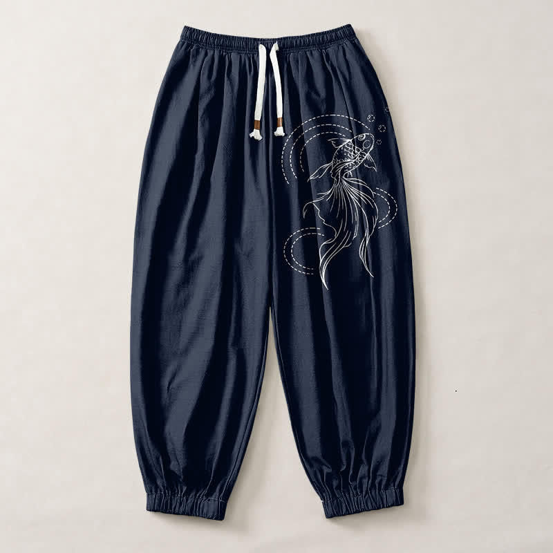 Buddha Stones Pantalones harem para hombre de algodón puro con estampado de peces koi, cordón ajustable y bolsillos. - image 1
