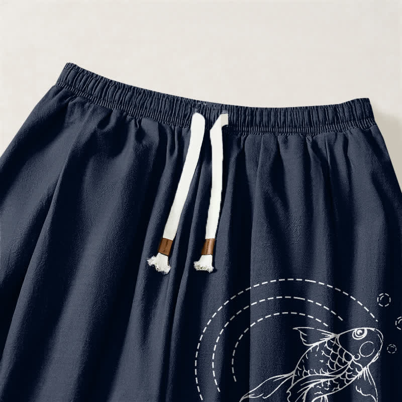 Buddha Stones Pantalones harem para hombre de algodón puro con estampado de peces koi, cordón ajustable y bolsillos. - image 3