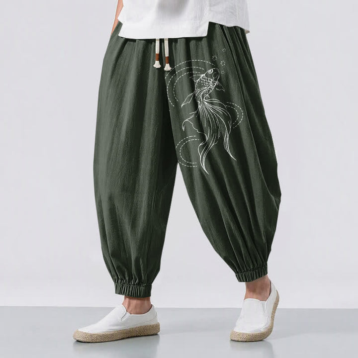 Buddha Stones Pantalones harem para hombre de algodón puro con estampado de peces koi, cordón ajustable y bolsillos. - Verde oscuro - US/UK/AU50, EU60 (5XL) - image 6