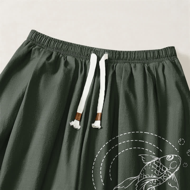 Buddha Stones Pantalones harem para hombre de algodón puro con estampado de peces koi, cordón ajustable y bolsillos. - image 9