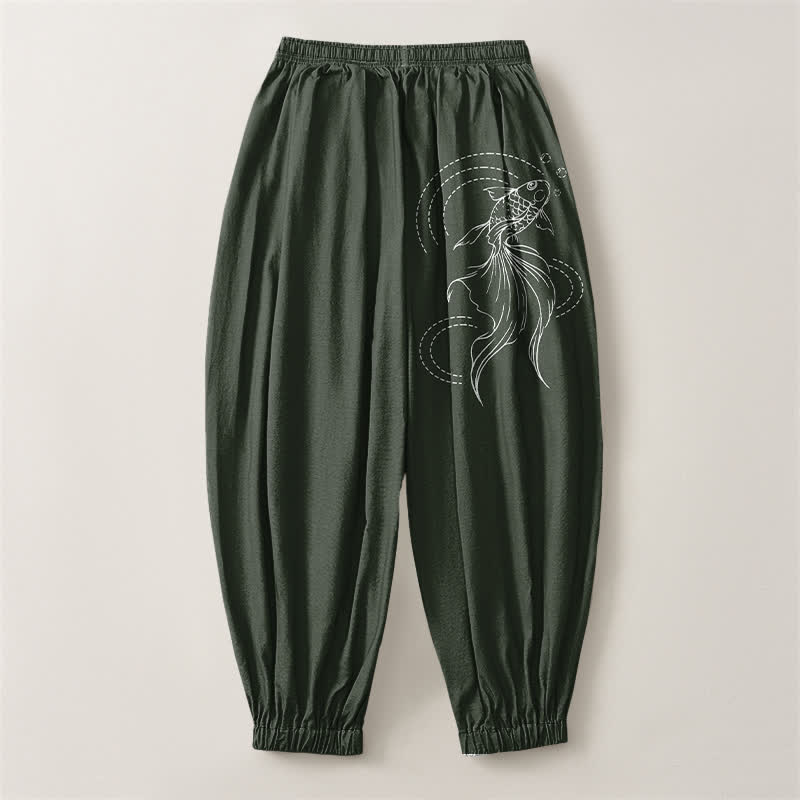 Buddha Stones Pantalones harem para hombre de algodón puro con estampado de peces koi, cordón ajustable y bolsillos. - image 8