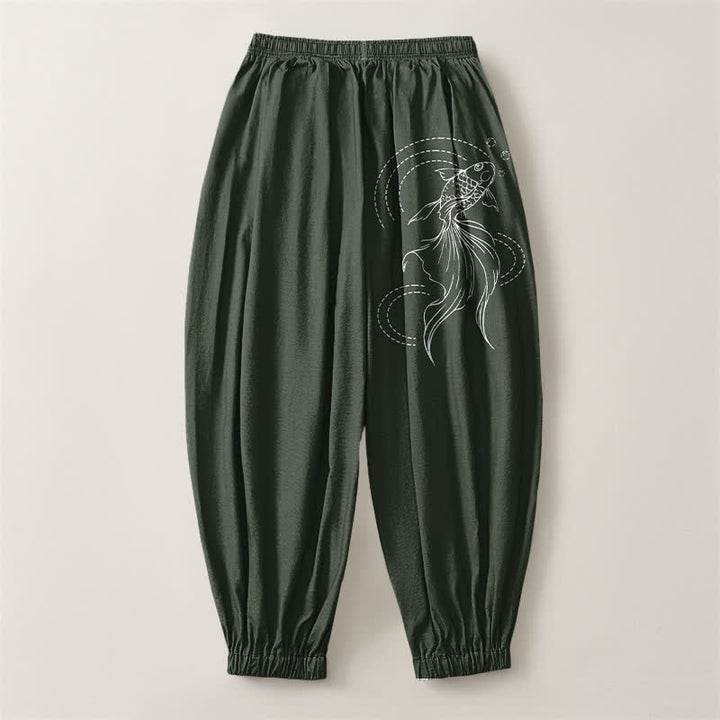 Buddha Stones Pantalones harem para hombre de algodón puro con estampado de peces koi, cordón ajustable y bolsillos. - image 8