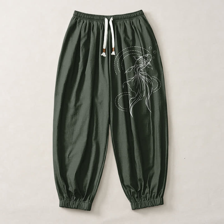 Buddha Stones Pantalones harem para hombre de algodón puro con estampado de peces koi, cordón ajustable y bolsillos. - image 7