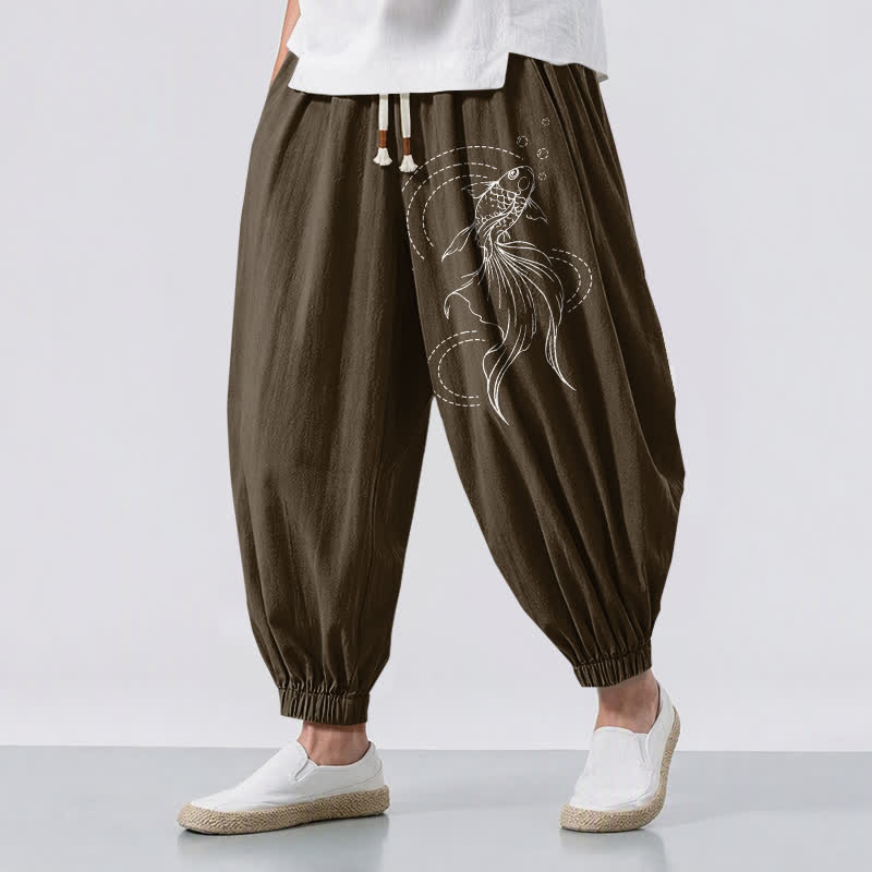 Buddha Stones Pantalones harem para hombre de algodón puro con estampado de peces koi, cordón ajustable y bolsillos. - Marrón silla de montar - US/UK/AU50, EU60 (5XL) - image 12