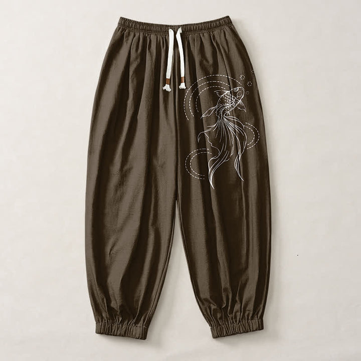 Buddha Stones Pantalones harem para hombre de algodón puro con estampado de peces koi, cordón ajustable y bolsillos. - image 13