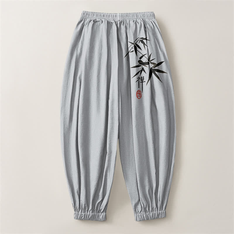 Buddha Stones Pantalones harem para hombre de algodón puro con estampado de bambú y cordón ajustable, con bolsillos. - image 2