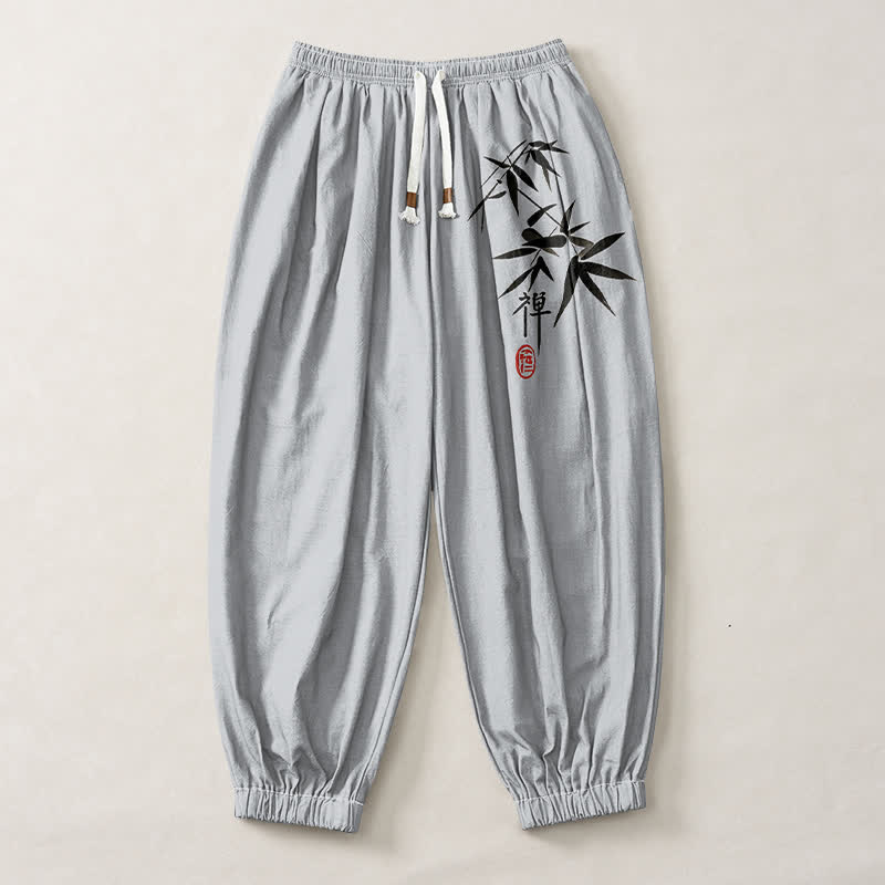 Buddha Stones Pantalones harem para hombre de algodón puro con estampado de bambú y cordón ajustable, con bolsillos. - image 1