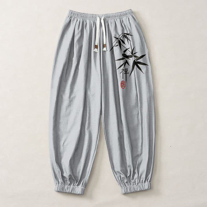 Buddha Stones Pantalones harem para hombre de algodón puro con estampado de bambú y cordón ajustable, con bolsillos. - image 1