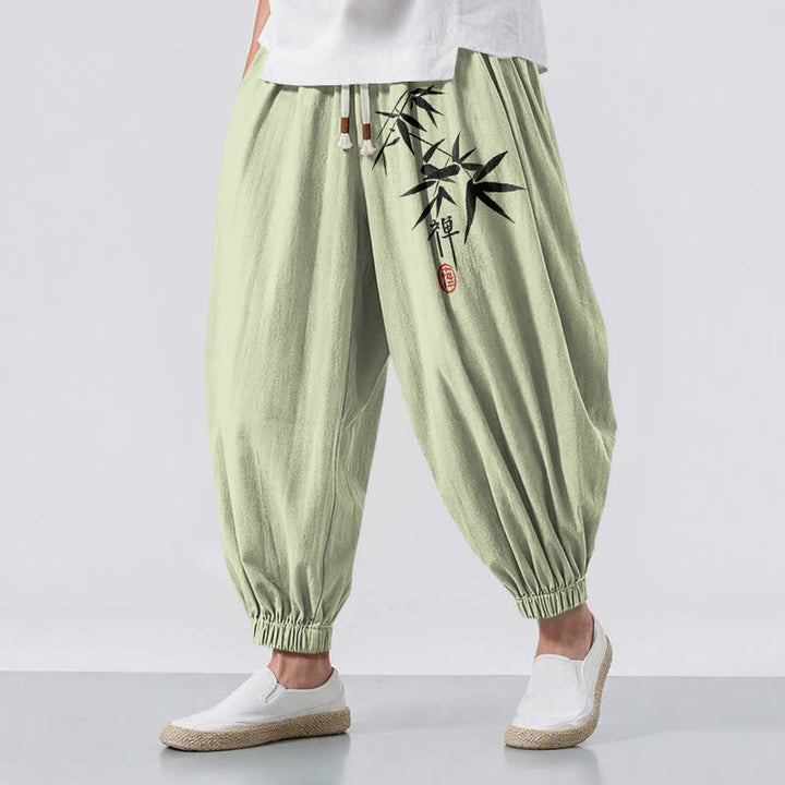 Buddha Stones Pantalones harem para hombre de algodón puro con estampado de bambú y cordón ajustable, con bolsillos. - Gotas de miel - US/UK/AU50, EU60 (5XL) - image 6