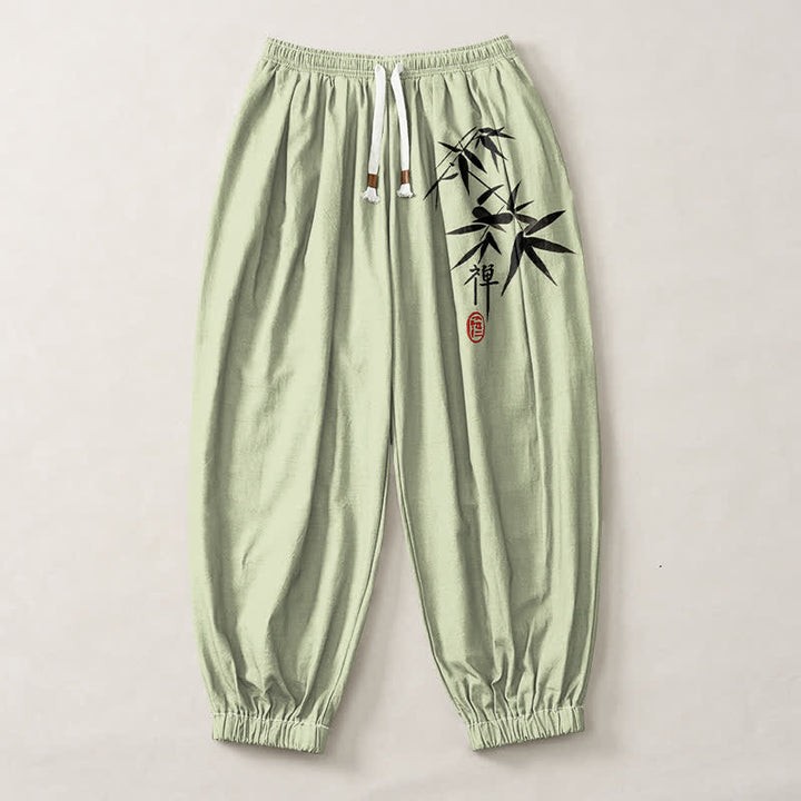 Buddha Stones Pantalones harem para hombre de algodón puro con estampado de bambú y cordón ajustable, con bolsillos. - image 7