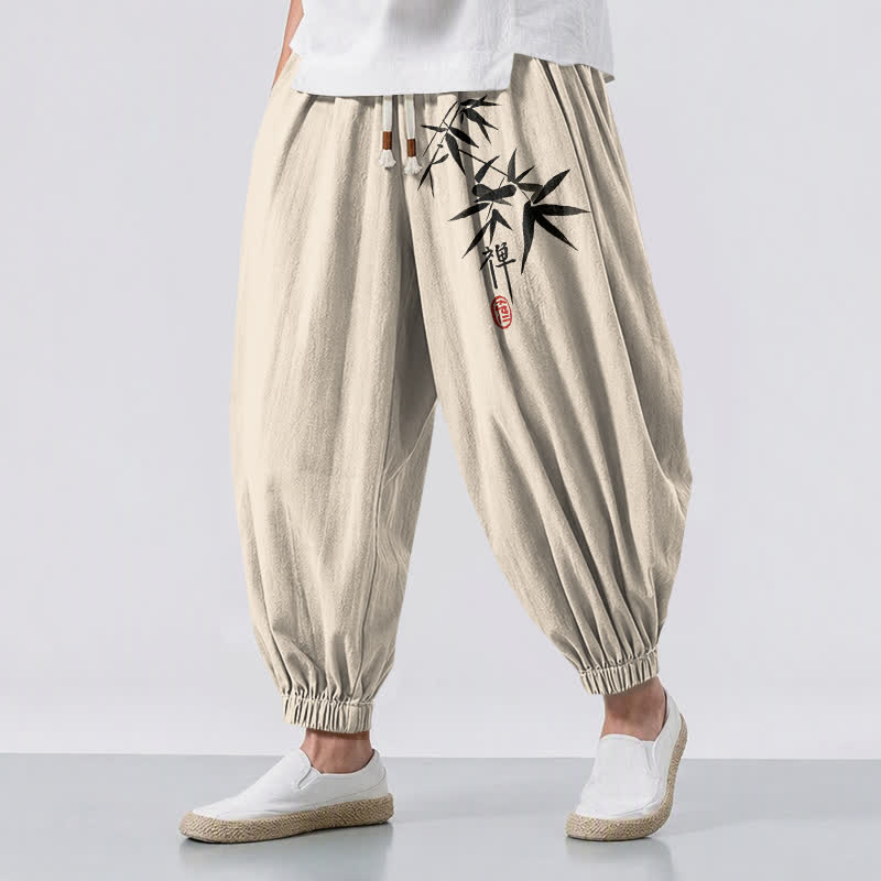Buddha Stones Pantalones harem para hombre de algodón puro con estampado de bambú y cordón ajustable, con bolsillos. - Beige - US/UK/AU50, EU60 (5XL) - image 12