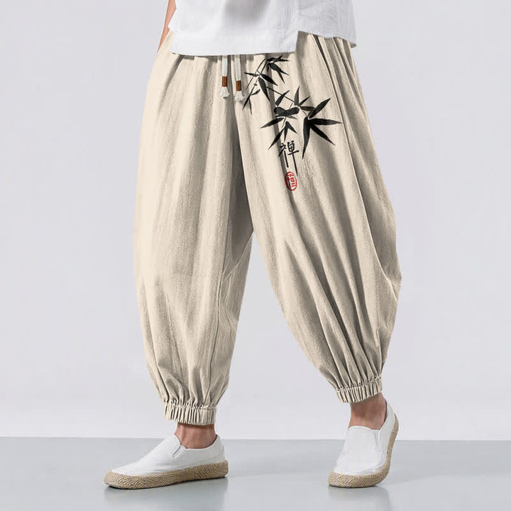 Buddha Stones Pantalones harem para hombre de algodón puro con estampado de bambú y cordón ajustable, con bolsillos. - Beige - US/UK/AU50, EU60 (5XL) - image 12