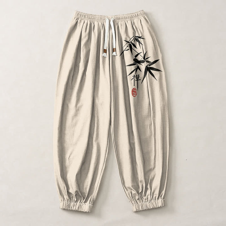 Buddha Stones Pantalones harem para hombre de algodón puro con estampado de bambú y cordón ajustable, con bolsillos. - image 13