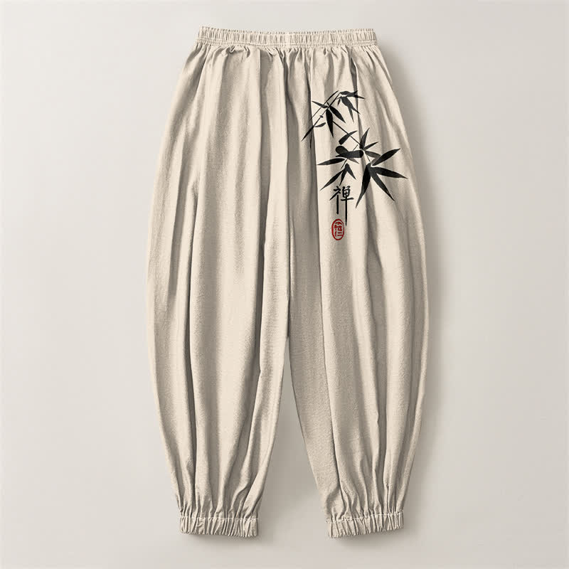 Buddha Stones Pantalones harem para hombre de algodón puro con estampado de bambú y cordón ajustable, con bolsillos. - image 14
