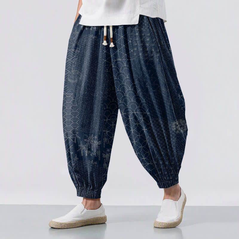 Buddha Stones Pantalones harem para hombre de algodón puro con estampado geométrico de ondas, cordón ajustable y bolsillos. - Marina de guerra - US/UK/AU50, EU60 (5XL) - image 0