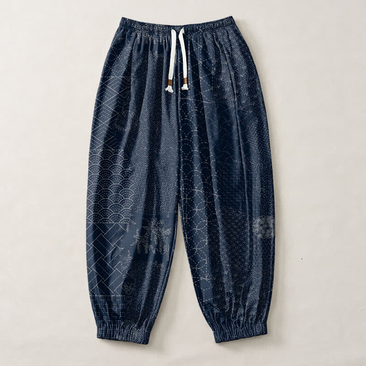 Buddha Stones Pantalones harem para hombre de algodón puro con estampado geométrico de ondas, cordón ajustable y bolsillos. - image 1