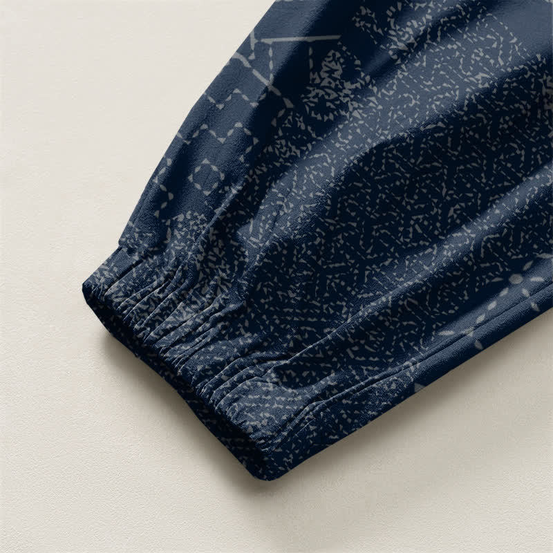 Buddha Stones Pantalones harem para hombre de algodón puro con estampado geométrico de ondas, cordón ajustable y bolsillos. - image 4