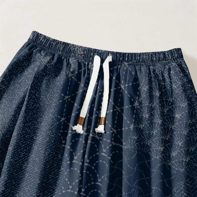 Buddha Stones Pantalones harem para hombre de algodón puro con estampado geométrico de ondas, cordón ajustable y bolsillos. - image 3
