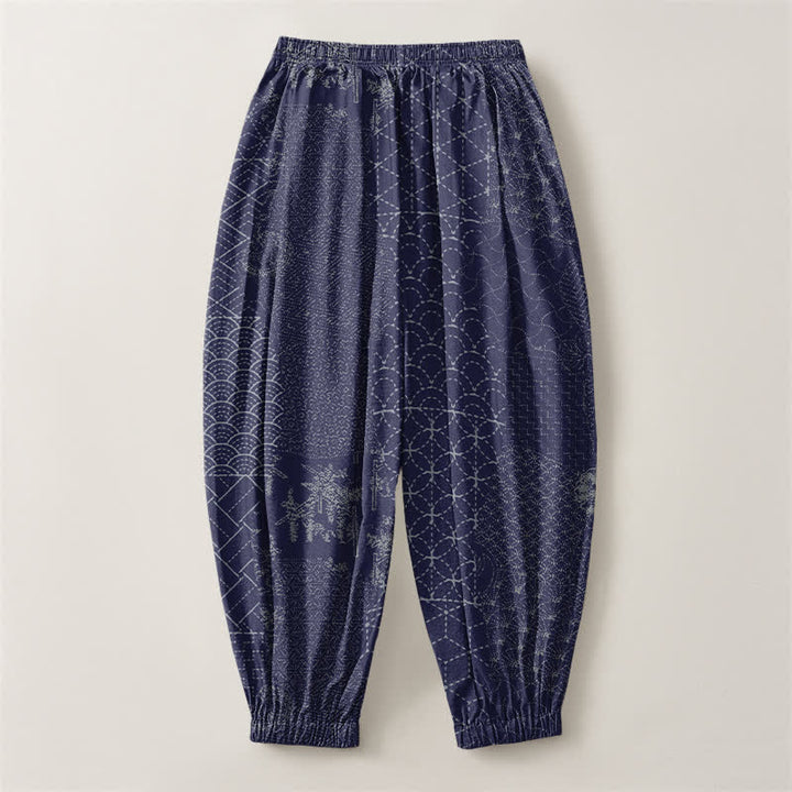 Buddha Stones Pantalones harem para hombre de algodón puro con estampado geométrico de ondas, cordón ajustable y bolsillos. - image 8