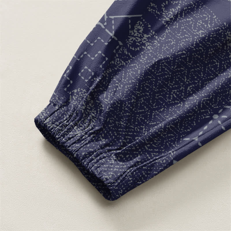 Buddha Stones Pantalones harem para hombre de algodón puro con estampado geométrico de ondas, cordón ajustable y bolsillos. - image 10