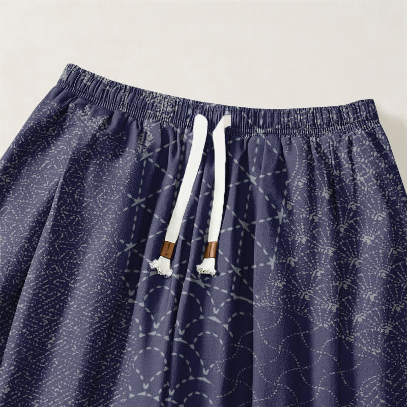 Buddha Stones Pantalones harem para hombre de algodón puro con estampado geométrico de ondas, cordón ajustable y bolsillos. - image 9