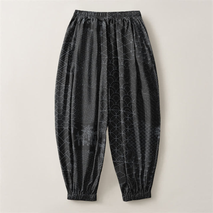 Buddha Stones Pantalones harem para hombre de algodón puro con estampado geométrico de ondas, cordón ajustable y bolsillos. - image 14