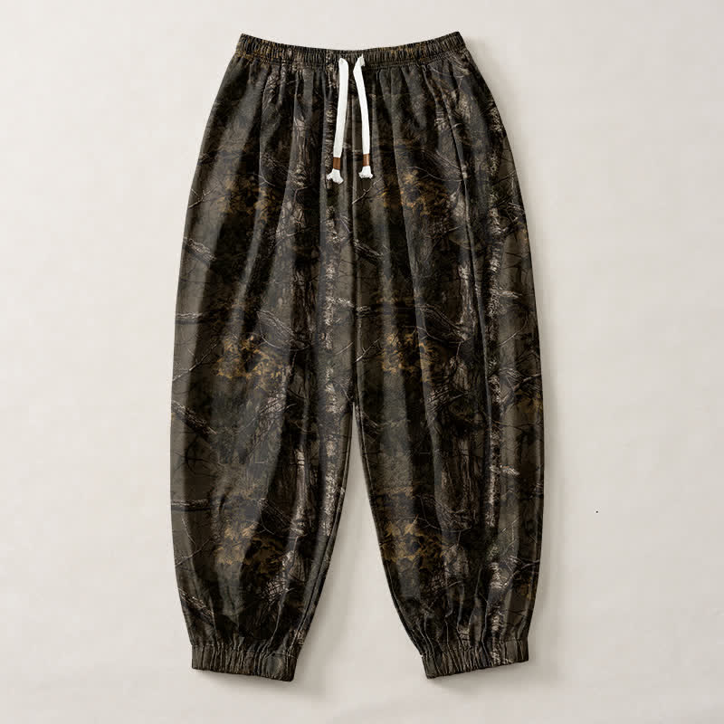 Buddha Stones Pantalones harem para hombre de algodón puro con estampado de camuflaje jaspeado, cordón ajustable y bolsillos. - image 1