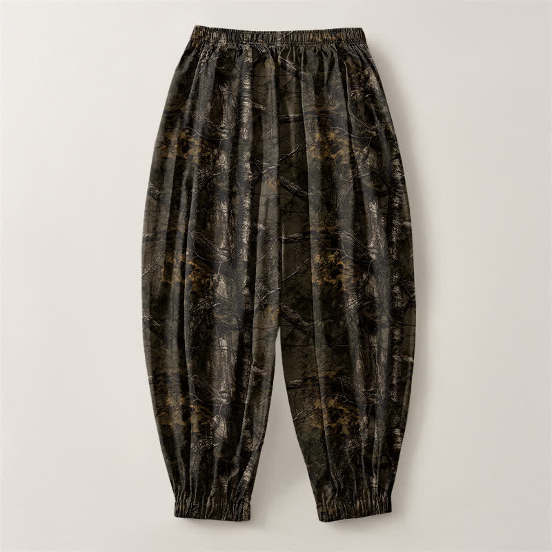 Buddha Stones Pantalones harem para hombre de algodón puro con estampado de camuflaje jaspeado, cordón ajustable y bolsillos. - image 2