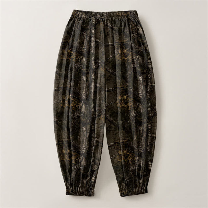 Buddha Stones Pantalones harem para hombre de algodón puro con estampado de camuflaje jaspeado, cordón ajustable y bolsillos. - image 2