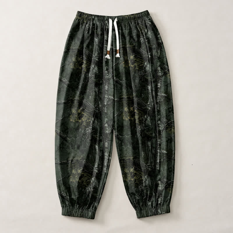 Buddha Stones Pantalones harem para hombre de algodón puro con estampado de camuflaje jaspeado, cordón ajustable y bolsillos. - image 13