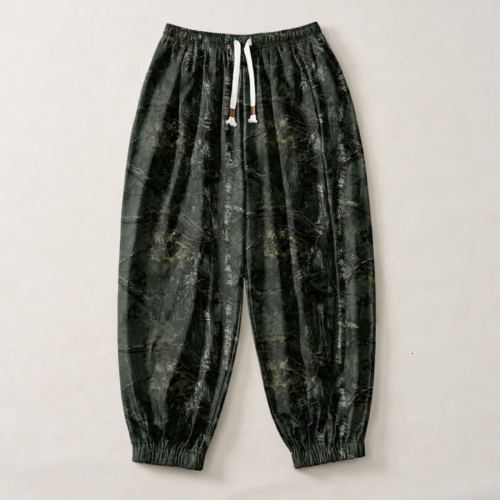 Buddha Stones Pantalones harem para hombre de algodón puro con estampado de camuflaje jaspeado, cordón ajustable y bolsillos. - image 13