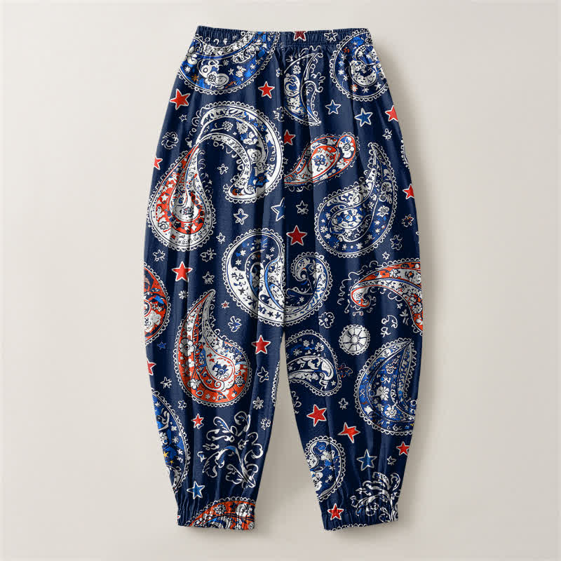 Buddha Stones Pantalones harem para hombre de algodón puro con estampado de estrellas y estampado paisley, con cordón ajustable y bolsillos. - image 2